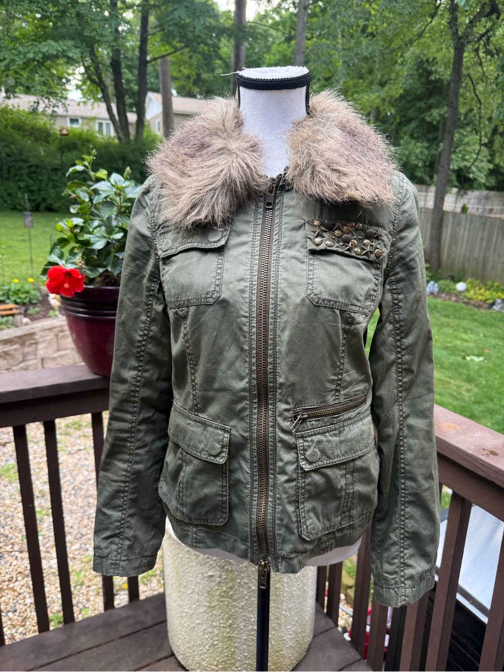 Express Military Faux Fur Collar Green Jacket Womens Size Small S